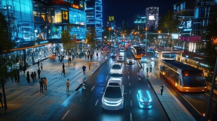A futuristic city street with a lot of people and cars