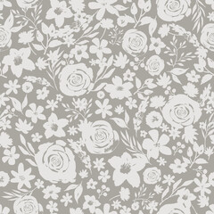Delicate pastel silhouette of leaves and flowers seamless pattern. 