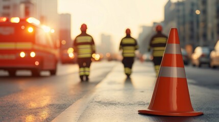 Sunset scene with firefighters, an ambulance, and a traffic cone on the road, indicating an emergency situation