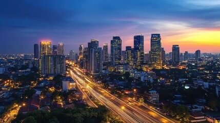 Fototapeta premium A city at night with a beautiful sunset in the background