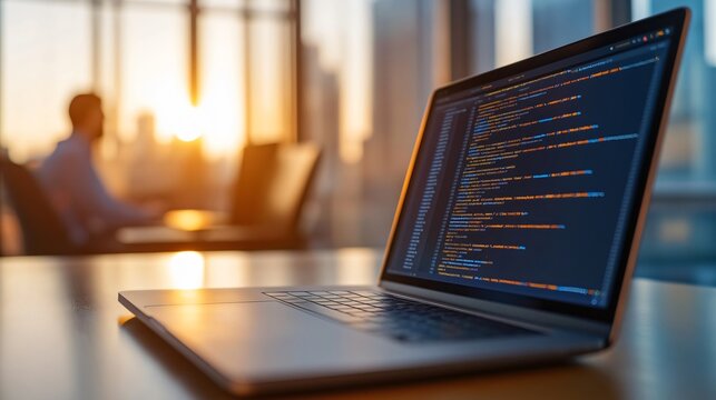 Software developer working on a laptop with lines of code in a modern office at sunset
