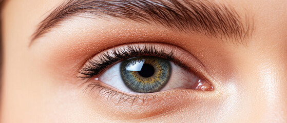Naklejka premium Elegant female eye with perfectly shaped eyebrows, smooth skin, fashionable natural makeup, showcasing clear vision and beauty.