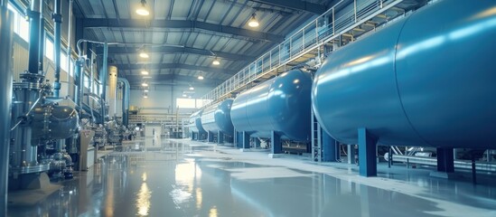 Fototapeta premium Industrial Factory Interior with Large Blue Tanks