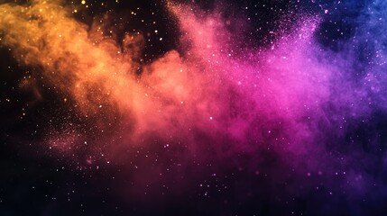 Fototapeta premium Colorful explosion of vibrant powder particles creating a dynamic abstract cloud effect on a dark background, showcasing hues of orange, pink, and purple with sparkling dust.