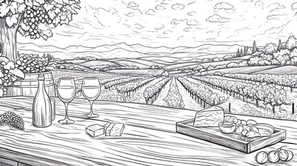 Fototapeta premium Vineyard, coloring wallpaper, the line drawing of a wine glass and a vineyard.