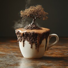Chocolate cup art featuring a lone tree sculpture