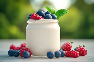 A jar of creamy yogurt topped with fresh blueberries and raspberries, surrounded by fruits and green leaves, set against a blurred nature background.