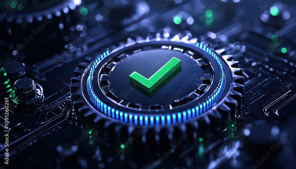 Poster a close-up image of a digital gear mechanism with a green checkmark, symbolizing success and validat