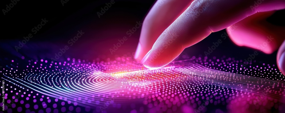 Poster a close-up of a finger touching a vibrant digital interface with glowing dots and waves, symbolizing