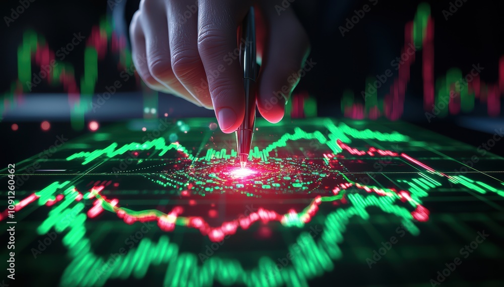 Poster a close-up of a hand analyzing digital stock market data with green and red graphs on a screen.