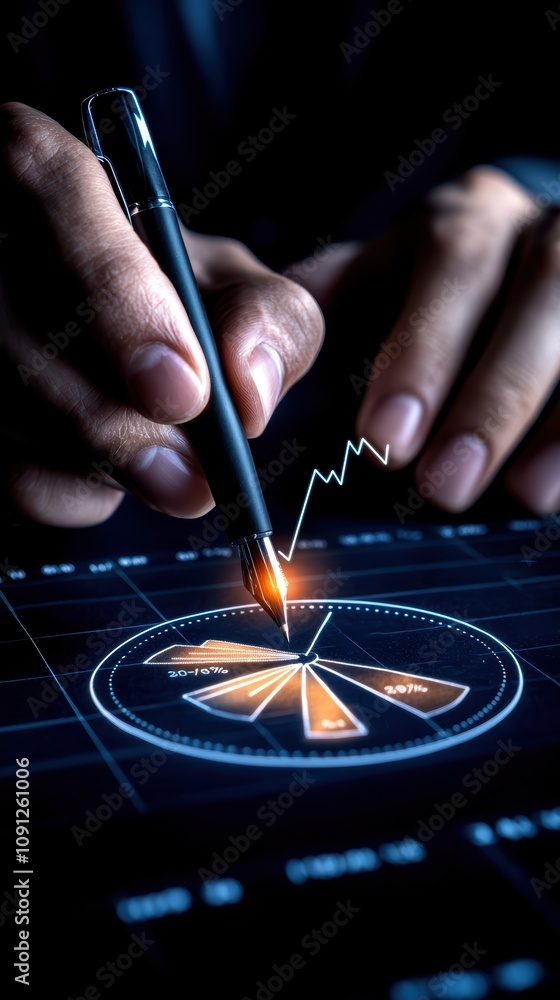 Poster a close-up of hands using a stylus on a digital screen to analyze market trends and performance data