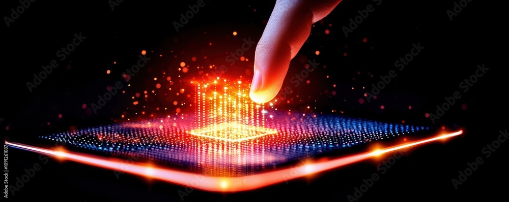 Poster a close-up view of a finger interacting with a glowing microchip, illustrating the fusion of human t