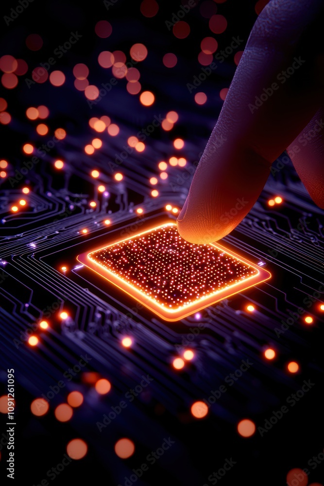 Poster a close-up view of a finger touching a glowing microchip surrounded by glowing particles, symbolizin