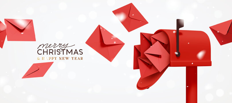 Merry Christmas and New Year festive design with red postal paper letters flying out from open mailbox. New Year's letters to Santa Claus. Light background sparkles bokeh and snow. Vector illustration