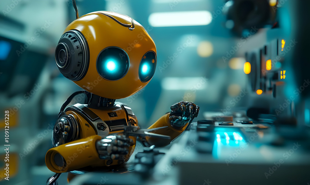 Poster a robot uses tools to repair a futuristic machine in a workshop