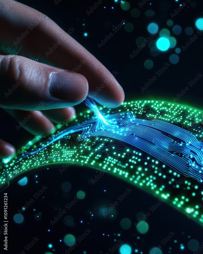Poster a close-up view of a hand interacting with a glowing digital interface, representing advanced techno