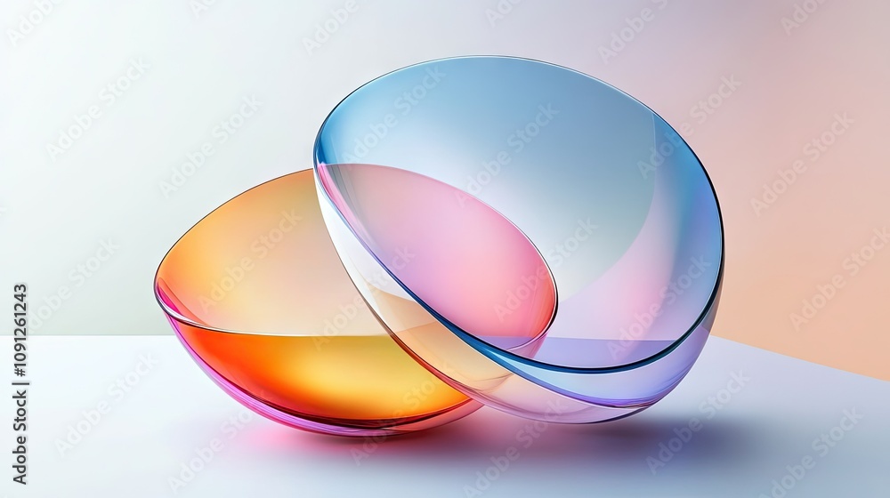 Poster abstract minimalist design with colorful glass ellipses overlapping against a smooth gradient.
