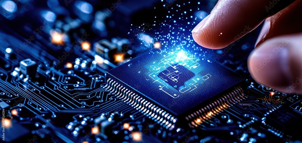 Poster a close-up view of a microchip being activated by a finger, showcasing intricate circuitry and glowi
