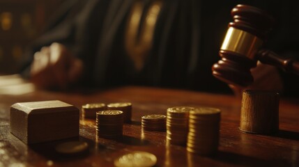Close-Up of a Judge's Gavel and Golden Coins on a Wooden Table, Symbolizing Justice, Wealth, and Legal Proceedings in a Courtroom Setting