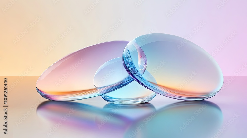 Poster abstract minimalist design with colorful glass ellipses overlapping against a smooth gradient.