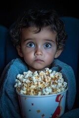 Naklejka premium Child with large eyes holding a popcorn bucket in a dimly lit theater.