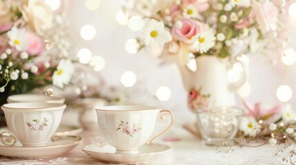 Fototapeta premium Soft focus on a table covered in delicate floral centerpieces and dainty tea cups.