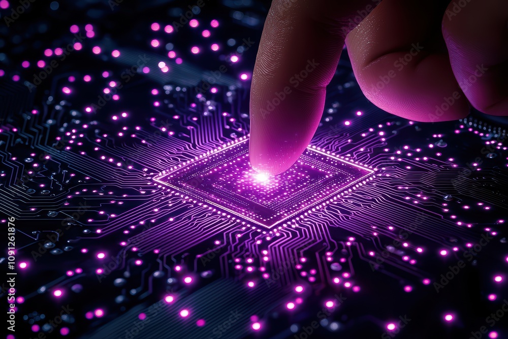 Poster a finger touching a glowing microchip on a circuit board, showcasing the fusion of technology and in