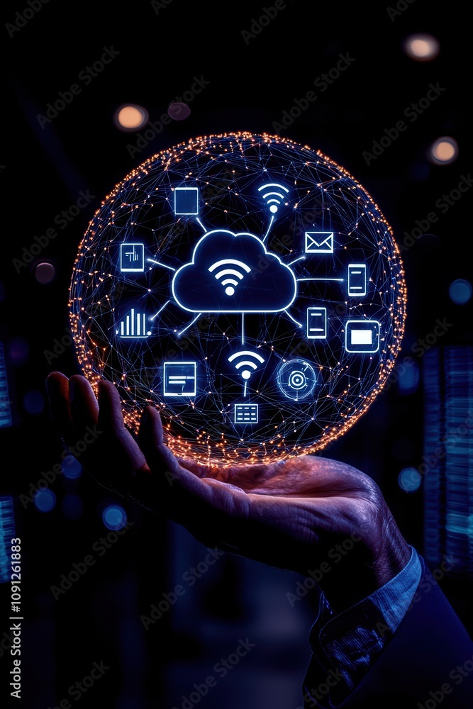 Poster a futuristic concept of cloud computing with digital icons representing various online services.