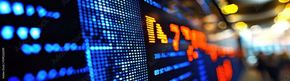 Poster digital stock market display with colorful led data visualization highlighting financial trends, pri