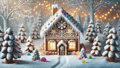Fototapeta premium Gingerbread wonderland house with pastel candy and snow