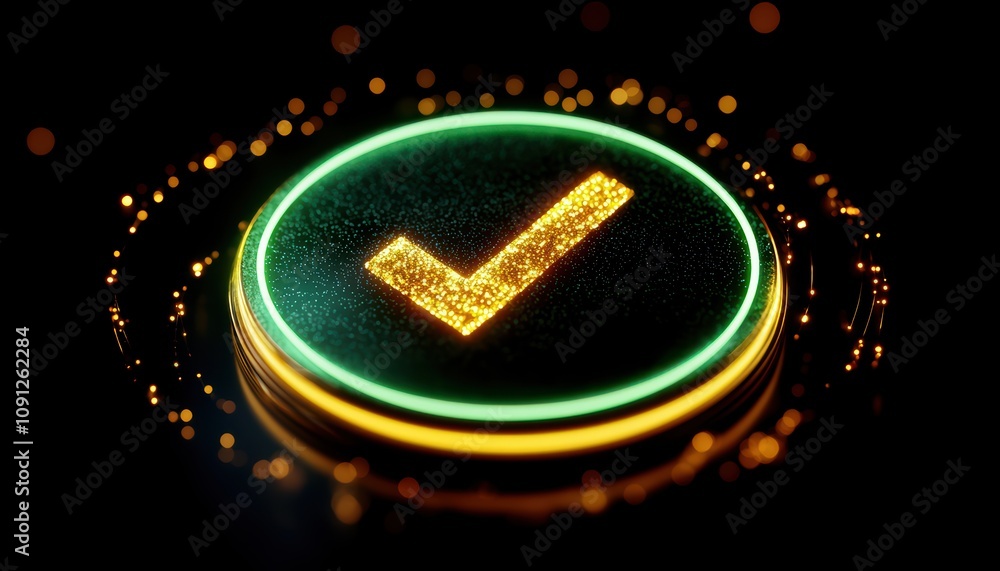 Poster A glowing checkmark symbol set against a dark background, representing approval and success in digital design.