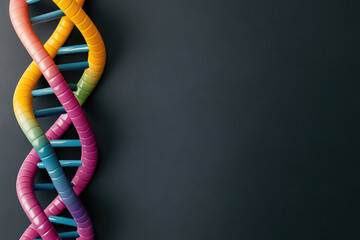 Vibrant DNA Helix on Dark Background, Illustrating Genetic Structure, Molecular Biology, Medical Research, Scientific Visualization