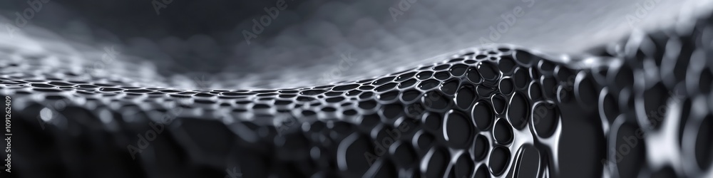 Poster close-up view of a dark, textured surface with abstract honeycomb patterns, showcasing depth, shadow