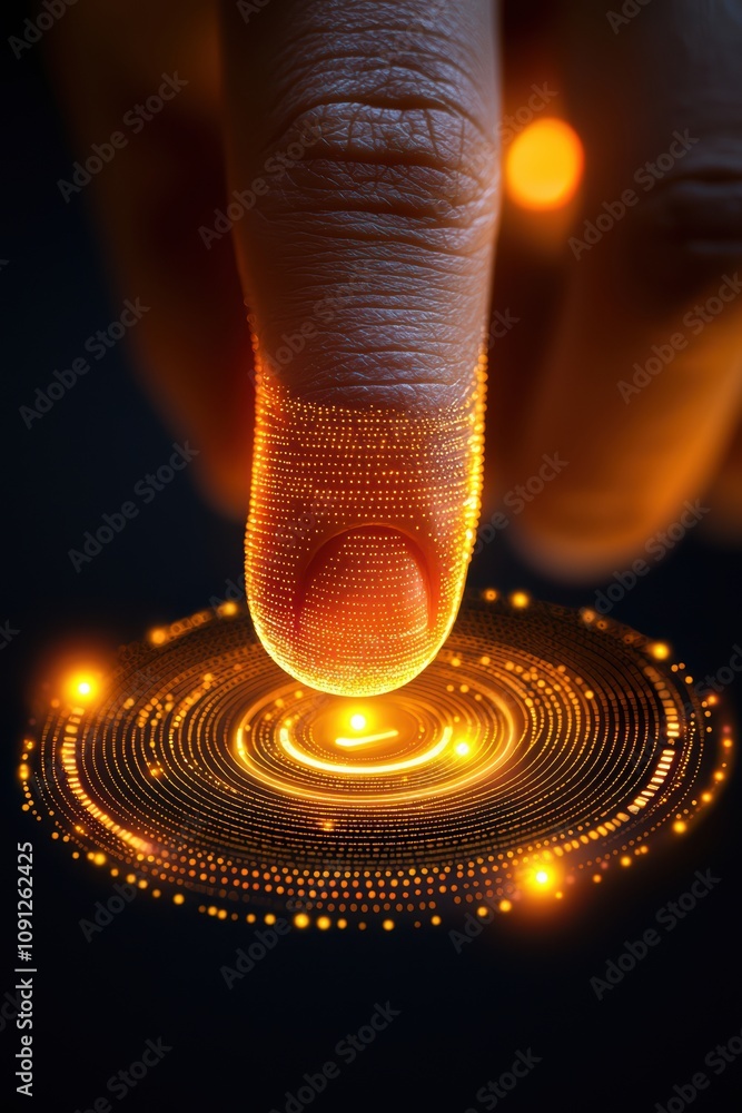 Poster a glowing finger interacts with a digital interface displaying vibrant, swirling patterns of light.