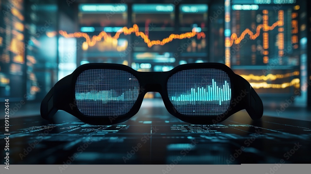 Poster futuristic virtual reality financial interface displaying global data trends with analytics in a hig