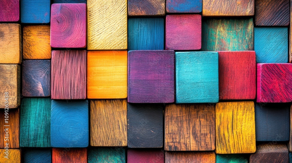 Poster colorful abstract background of wooden blocks arranged in a pattern showcasing various textures and 