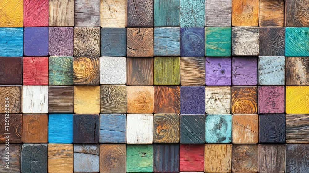 Poster colorful and textured wooden blocks arranged in a square pattern capturing vibrant hues and natural 