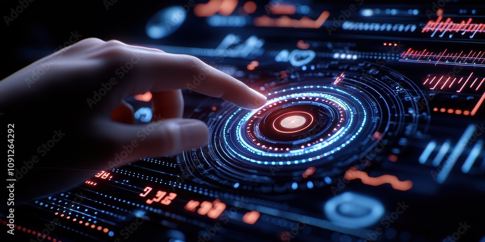 Poster a hand interacts with a futuristic touchscreen, showcasing vibrant data visualization and advanced t