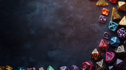 RPG dice assortment on dark background with vibrant colors and ample blank space for customization and personalization.