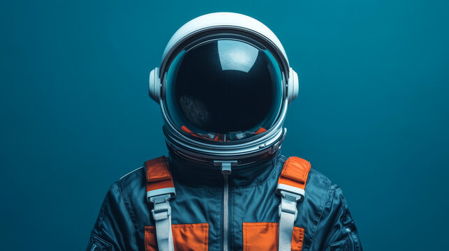 Astronaut in Space Suit: A close-up portrait of an astronaut in a futuristic spacesuit, gazing into the unknown, against a vibrant blue backdrop. The image evokes feelings of exploration, discovery.