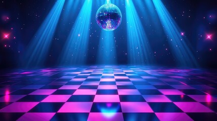 Vibrant dance floor illuminated by a shimmering disco ball, casting blue and purple rays, evoking the energy of a lively nightlife scene.