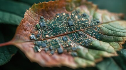 Autumnal leaf with embedded technological details.
