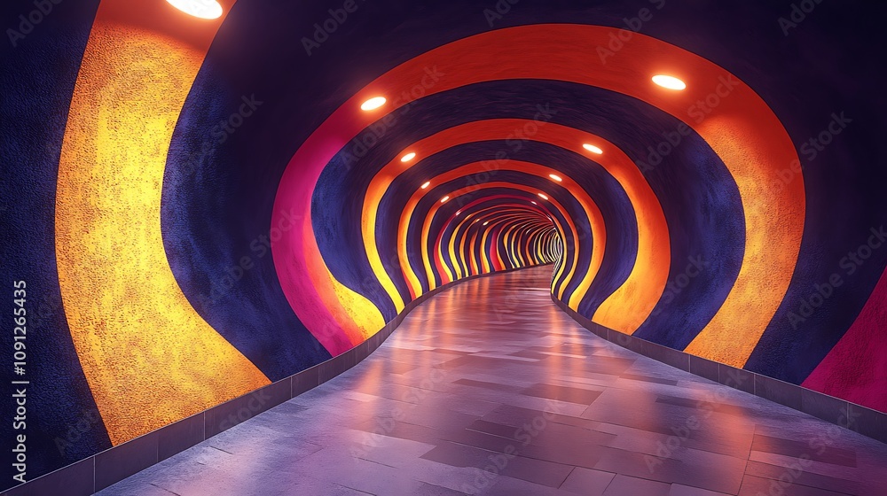 Poster vibrant neon mural transforming an interior wall into a captivating tunnel experience with dynamic c
