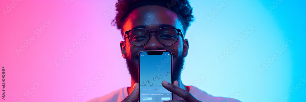 Poster Man Shows Growing Chart on Smartphone Screen in Colorful Studio Setting