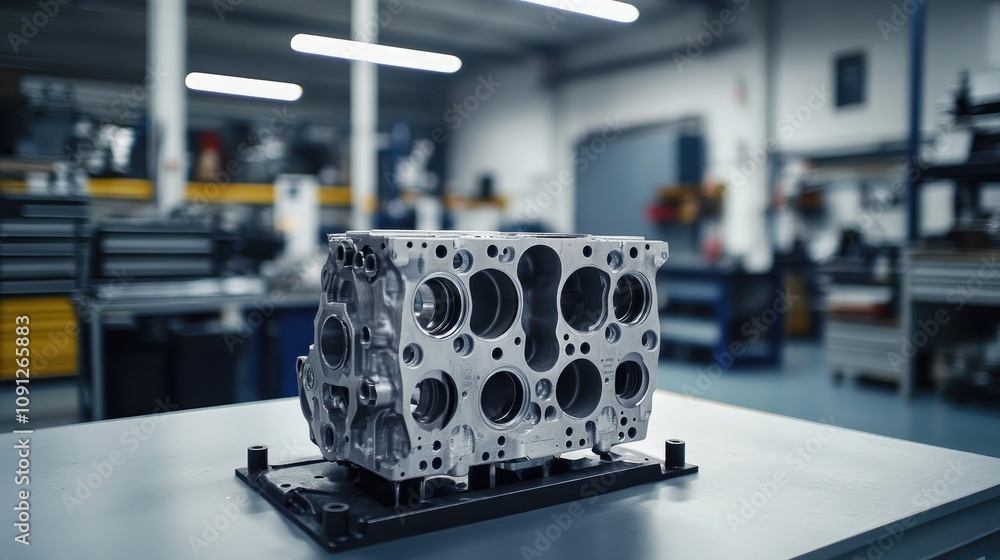 Poster an engine block displayed in a clean workshop, showcasing its structure and shiny surfaces.