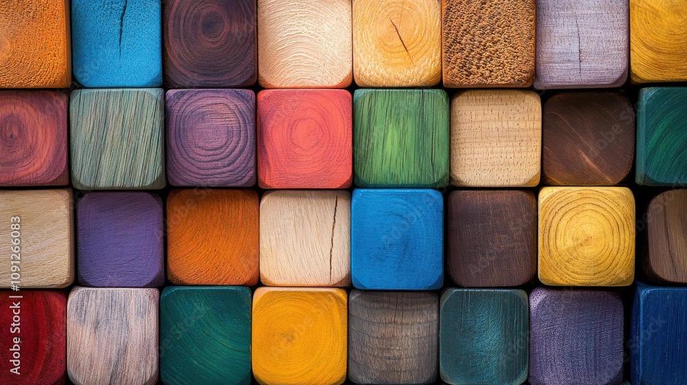 Poster colorful wooden blocks arranged in a neat pattern showcasing various textures and shades for use in 