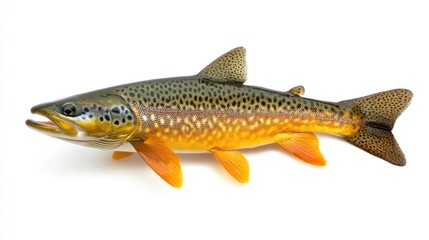 Fototapeta premium Freshwater char fish with a vibrant orange and yellow belly, distinctive dark spots, and sleek body isolated against a clean white background.