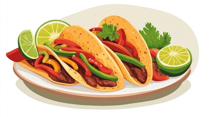 Colorful fajitas on a plate featuring grilled steak, bell peppers, and fresh lime wedges, garnished with cilantro for a vibrant Mexican dish.