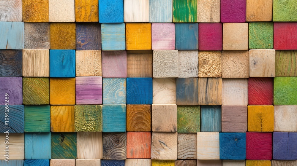 Poster colorful wooden blocks arrangement showcasing various shades and textures in a unique pattern for cr