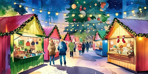 "Watercolor Illustration of a Christmas Market in Festive Decorations"